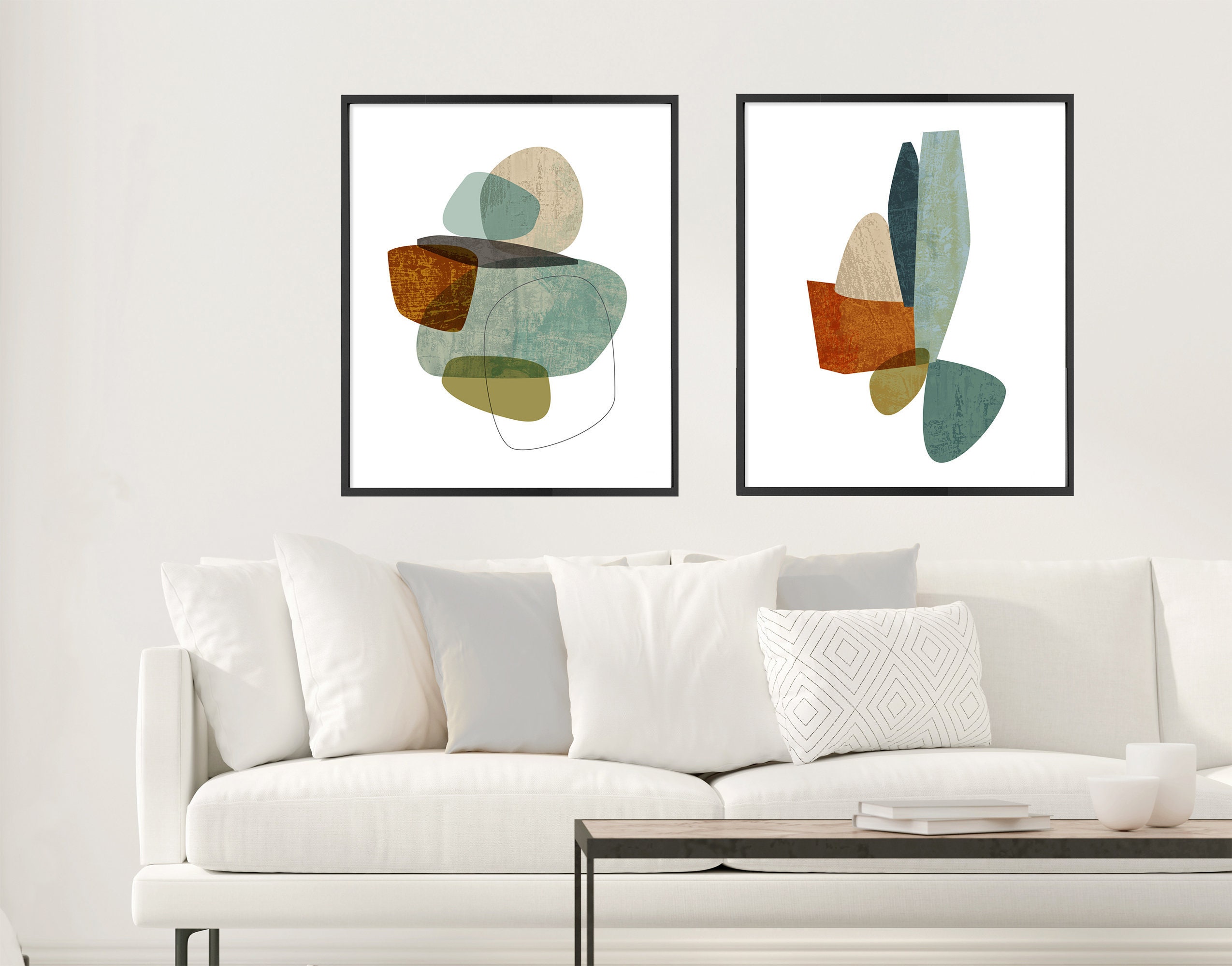 Set of 2 Mid Century Modern Prints Framed Abstract Wall Art Etsy