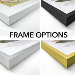 May include: Four frame options for a picture or artwork. The frames are shown from the side, with the top edge of the frame facing the viewer. The frame options are gloss white, satin black, satin silver, and satin gold.