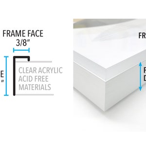 May include: A white picture frame with a 3/8 inch face and a 1 inch depth. The frame is made of clear acrylic and acid-free materials.