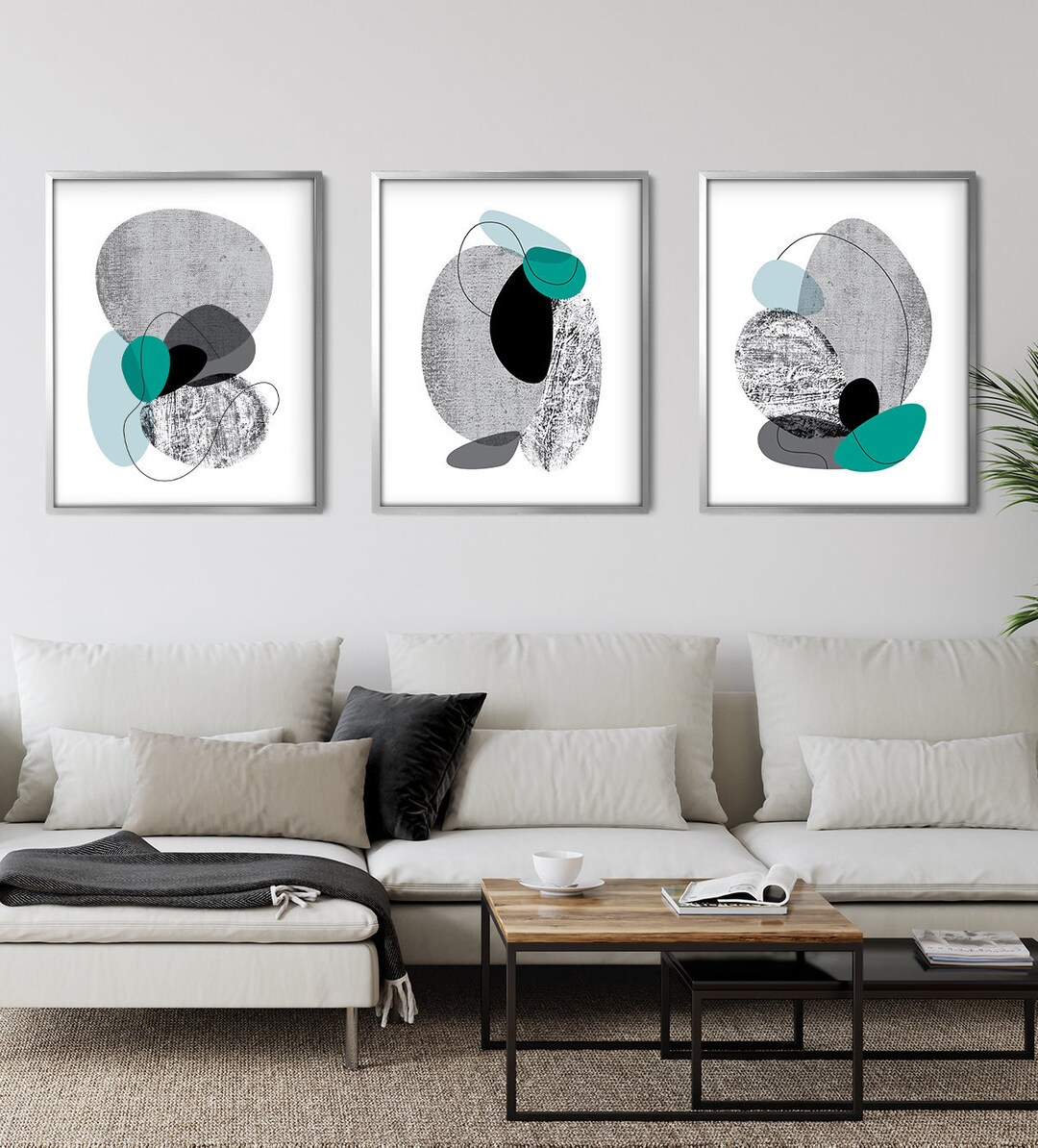 Teal Abstract Wall Art, Art Print Set of 3, Teal Decor, Abstract Art