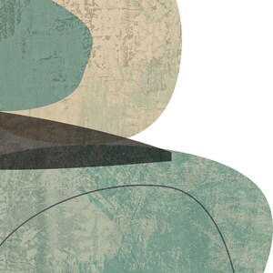 May include: Abstract art print featuring overlapping shapes in shades of brown, beige, and blue. The shapes have a textured, distressed look, giving the artwork a vintage feel.
