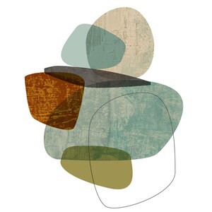 May include: Abstract art print featuring overlapping shapes in shades of brown, green, and blue. The shapes are organic and resemble stones or pebbles.