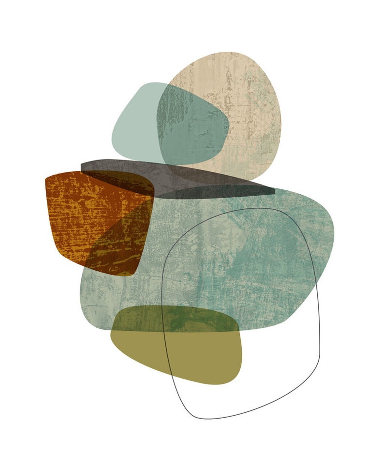 May include: Abstract art print featuring overlapping shapes in shades of brown, green, and blue. The shapes are organic and resemble stones or pebbles.