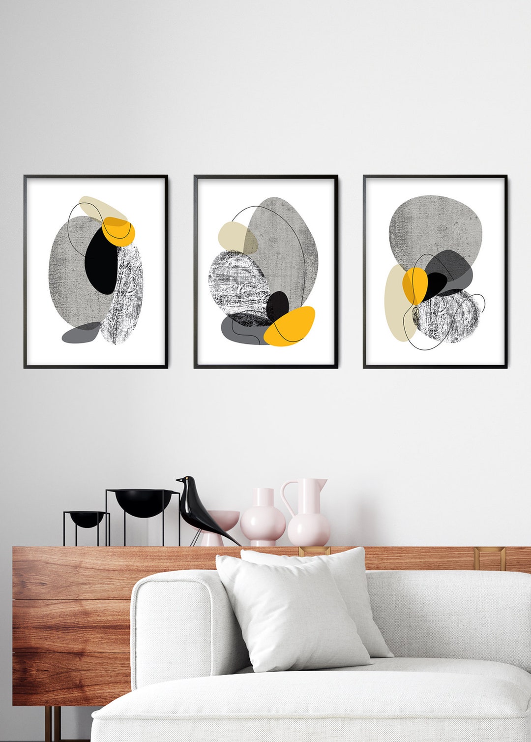 Framed Abstract Art Print Set of 3, Modern Collage, Living Room Wall ...