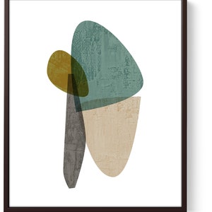 Puede incluir: Impresi&oacute;n de arte abstracto con formas superpuestas en tonos de verde azulado, marr&oacute;n y beige. Las formas son org&aacute;nicas y fluidas, creando una est&eacute;tica moderna y minimalista.