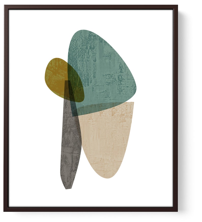 Puede incluir: Impresi&oacute;n de arte abstracto con formas superpuestas en tonos de verde azulado, marr&oacute;n y beige. Las formas son org&aacute;nicas y fluidas, creando una est&eacute;tica moderna y minimalista.
