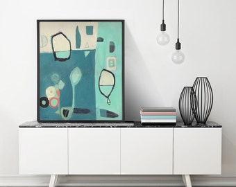 Mid Century Modern Teal Abstract Art Giclee Print