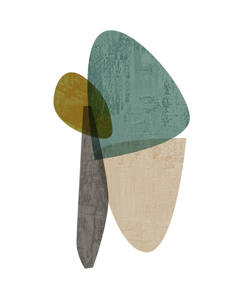 Puede incluir: Impresi&oacute;n de arte abstracto con tres formas superpuestas en tonos de verde azulado, marr&oacute;n y beige. Las formas son org&aacute;nicas y fluidas, creando un dise&ntilde;o moderno y minimalista.