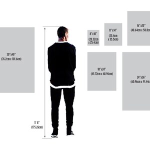 May include: A person standing in front of a wall with various sized rectangular frames. The frames are labeled with their dimensions in inches and centimeters.