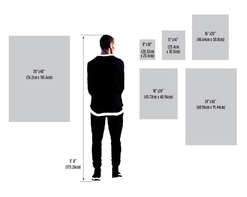 May include: A person standing in front of a wall with various sized rectangular frames. The frames are labeled with their dimensions in inches and centimeters.