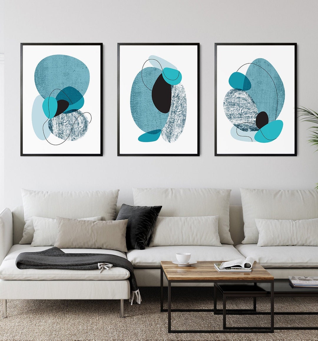 Teal Living Room Decor, Mid Century Modern Art Printed Set of 3