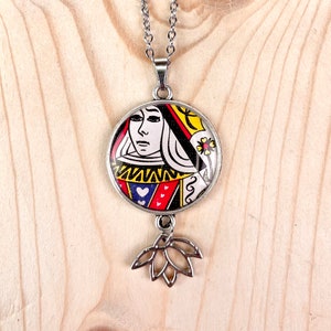 Queen Playing Card Necklace with Lily Charm