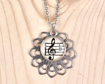 Floral Geometric Treble Clef Music Necklace