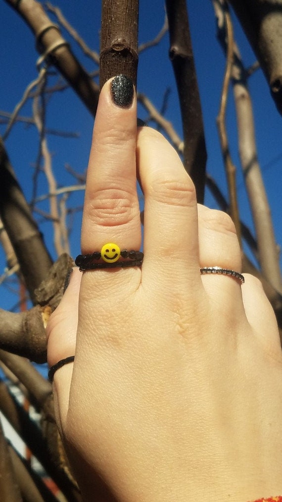 SMILEY FACE Ring 2PC Duo Set, Beaded Ring, Cute Beaded Ring, Made