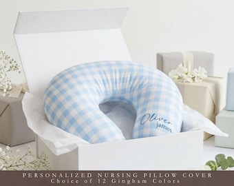 Personalized Nursing Pillow Cover, Custom Blue Gingham Feeding Pillow, New Baby Gift