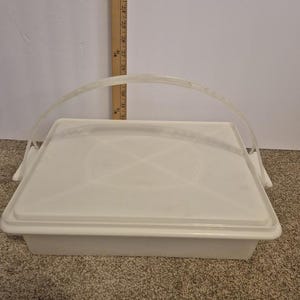 May include: A white plastic rectangular container with a clear plastic handle. The container has a lid and is on a carpeted surface. A wooden ruler is in the background.