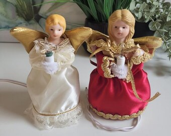 Set of 2 Electrified Porcelain Head Angel Christmas Tree Toppers Decorations