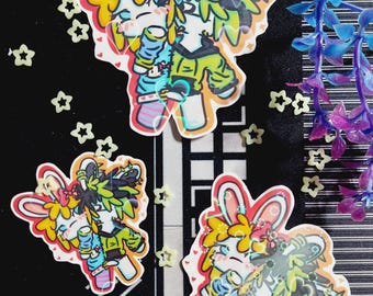 Pegatina de Queen y Emo Boy Bunny con escena holográfica