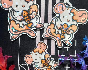 Pegatina de vinilo con forma de ratón de galleta con forma de pez holográfica