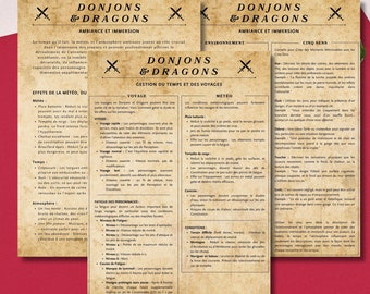 Juego de 3 Hojas de Dragones y Mazmorras - Atmósfera, Inmersión, Tiempo y Viajes - Para Game Master y Jugador