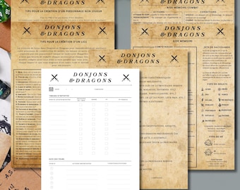 Juego de 6 hojas de ayuda para el juego de dragones y mazmorras: ayuda para la memoria, combate, gestión y consejos para GM