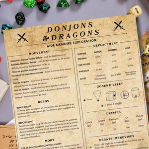 May include: A vintage-style reference sheet for Dungeons & Dragons role-playing game, with a parchment background. The sheet includes information on movement, displacement, zones of effect, and damage. The text is in French.