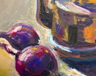 Original Copper Teapot Red Onions Oil Pastel Kitchen Art (25x25 cm)