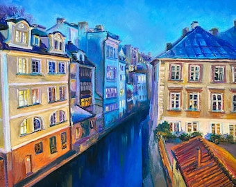 Dibujo original al pastel al óleo, vista de los canales de Praga, cuadro enmarcado con paisaje urbano (70 x 50 cm)