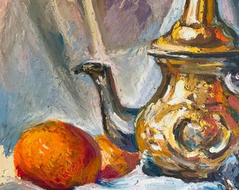 Original Moroccan Teapot Oil Pastel Artwork, Framed Kitchen Still Life (35x26 cm)