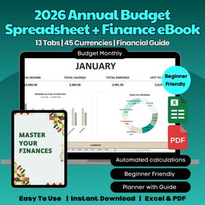 Op de afbeelding: Een digitaal financieel e-book en spreadsheet voor 2026, weergegeven op een laptop en tablet. Het scherm toont een budget met financiële gegevens, grafieken en de tekst "Master Your Finances". Extra tekst bevat "Beginner Friendly" en "Easy To Use".