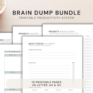 May include: A collection of printable productivity pages, including a "Brain Dump" and "Daily Focus Planner." The pages are white with black text and light green accents. The bundle includes 10 pages in US Letter, A4, and A5 sizes. A cup of coffee is in the upper left corner.