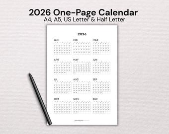 2026 One Page Calendar Printable | Annual Calendar Monday & Sunday Start | A4 A5 US Half Letter