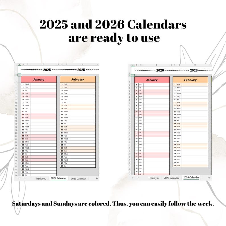 2025 2026 Excel Google Sheets Calendar Excel Template Digital Planner