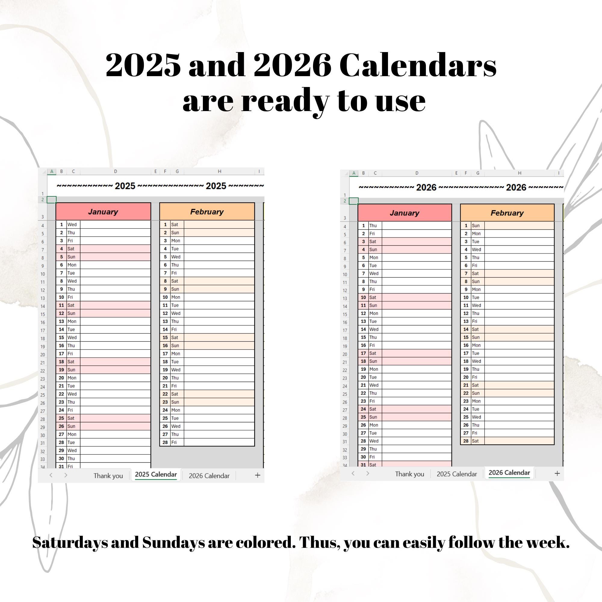 2025 2026 Excel Google Sheets Calendar Excel Template Digital Planner