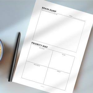 Puede incluir: Una hoja de papel blanca con texto negro, incluyendo "Brain Dump" y "Priority Map". Un bolígrafo negro y una taza de café están junto al papel. El papel es para tomar notas y planificar.