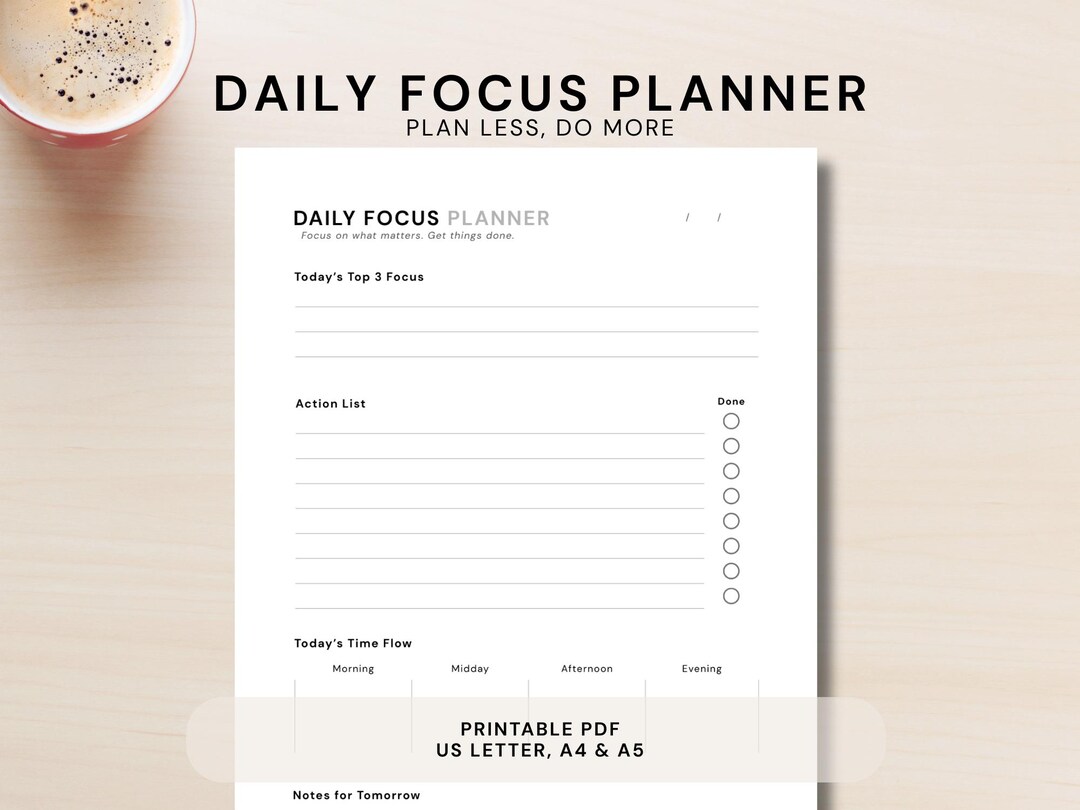 Daily Focus Planner Printable | Minimalist Productivity Sheet | Undated ...