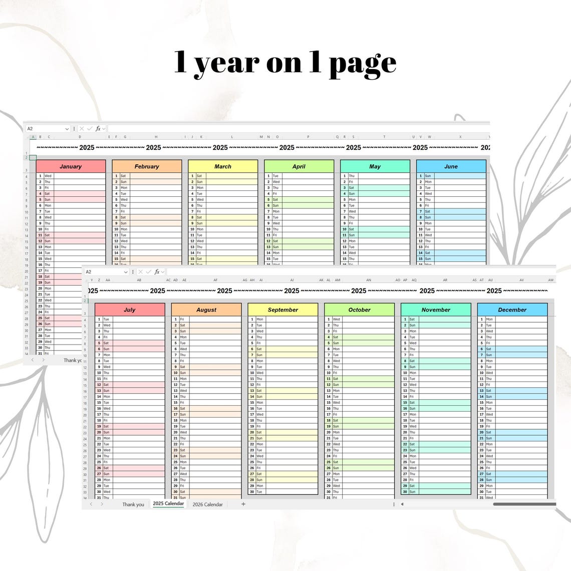 2025 2026 Excel Google Sheets Calendar Excel Template Digital Planner