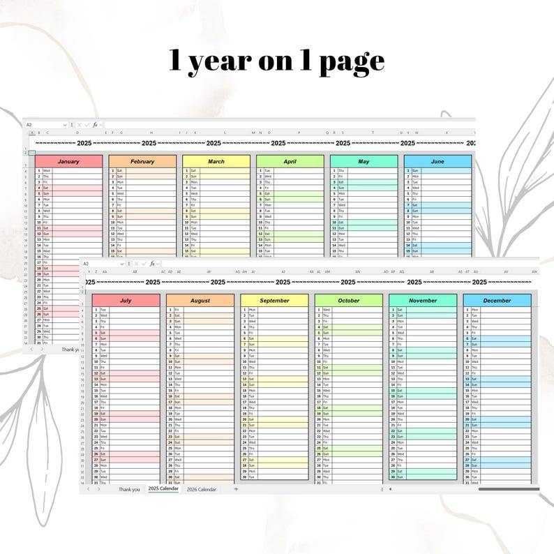 2025 2026 Excel Google Sheets Calendar Excel Template Digital Planner