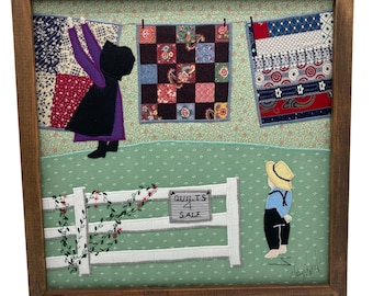 Painel de parede vintage em tecido, arte folclórica | Assinado por Valerie Walsh em 1992 | Arte têxtil emoldurada | Decoração Cottagecore Amish Americana