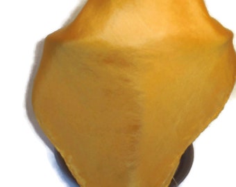 May include: A golden yellow silk scarf with a smooth, flowing texture. The scarf is folded in a triangular shape and appears to be made of a lightweight fabric.