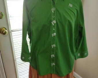 Upscaled, rescued, Kelly Green polycotton buttoned shirt with small white flowers