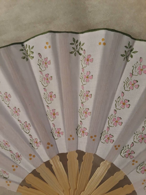 Hand Block Printed Cotton Fan: 9" Bamboo Tines, Hand Painted