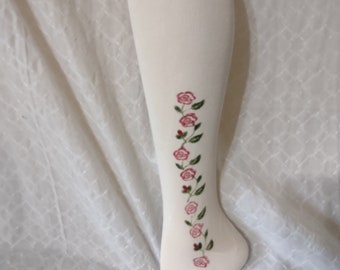 Cotton hand block printed and painted vining roses thigh high stockings