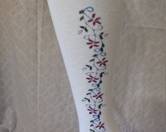 wedding, bridal Side clocked hand block printed and painted white cotton thigh high stockings that will fit most legs. Custom made accessory