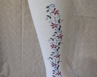 wedding, bridal Side clocked hand block printed and painted white cotton thigh high stockings that will fit most legs. Custom made accessory