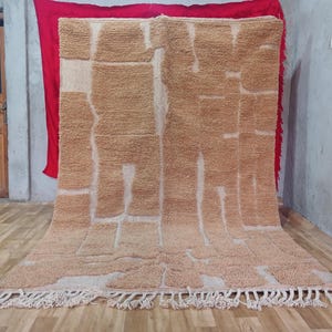 May include: A large, rectangular rug with a geometric pattern in shades of beige and cream. The rug has a textured, raised design and a fringe along the bottom edge. The rug is displayed on a wooden floor.