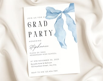 Blue Bow Graduation Invitation: Coquette Party Invite (Canva Template)
