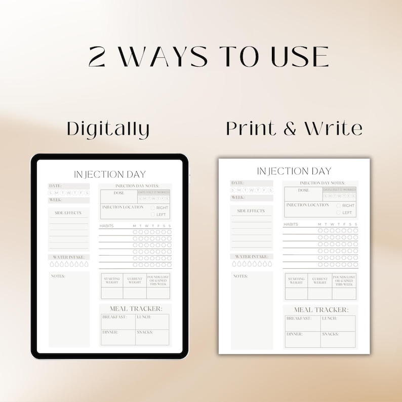 May include: A printable digital planner for tracking injection day details. The planner includes sections for date, week, dose, injection location, side effects, habits, water intake, notes, and a meal tracker.