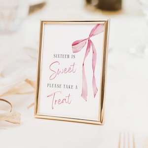 Sweet 16 Dessert Sign Printable | Coquette Pink Bow Theme | Editable Canva Template | Digital Party Decor | Digital Download | Dessert Table