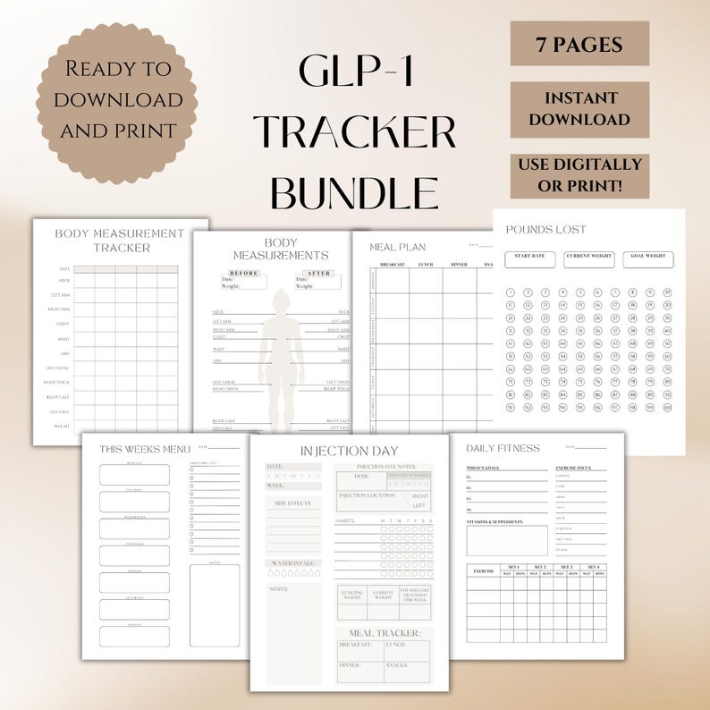 May include: A printable GLP-1 tracker bundle with 7 pages. The bundle includes pages for tracking body measurements, meal plans, injection days, daily fitness, and pounds lost. The pages are designed in a minimalist style with black text on a white background.